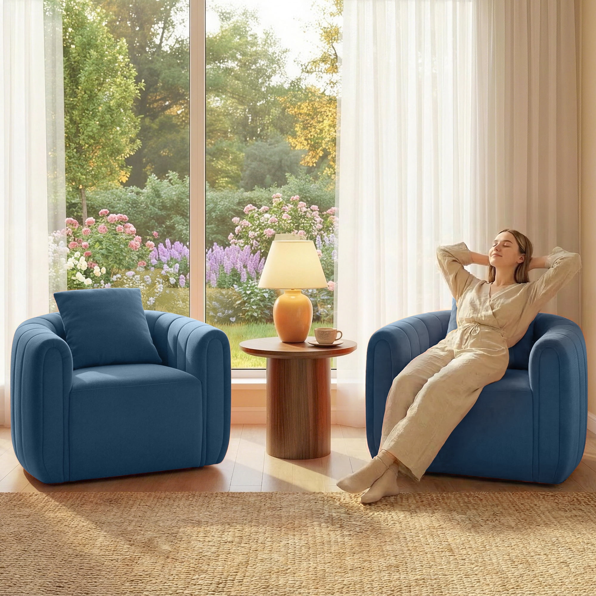 Ebello  Swivel Accent Chair, Modern Velvet Living Room Chair with Pillow, Barrel Chair for Bedroom & Reading Corner (Blue，1 Pack，Fully Assembled )