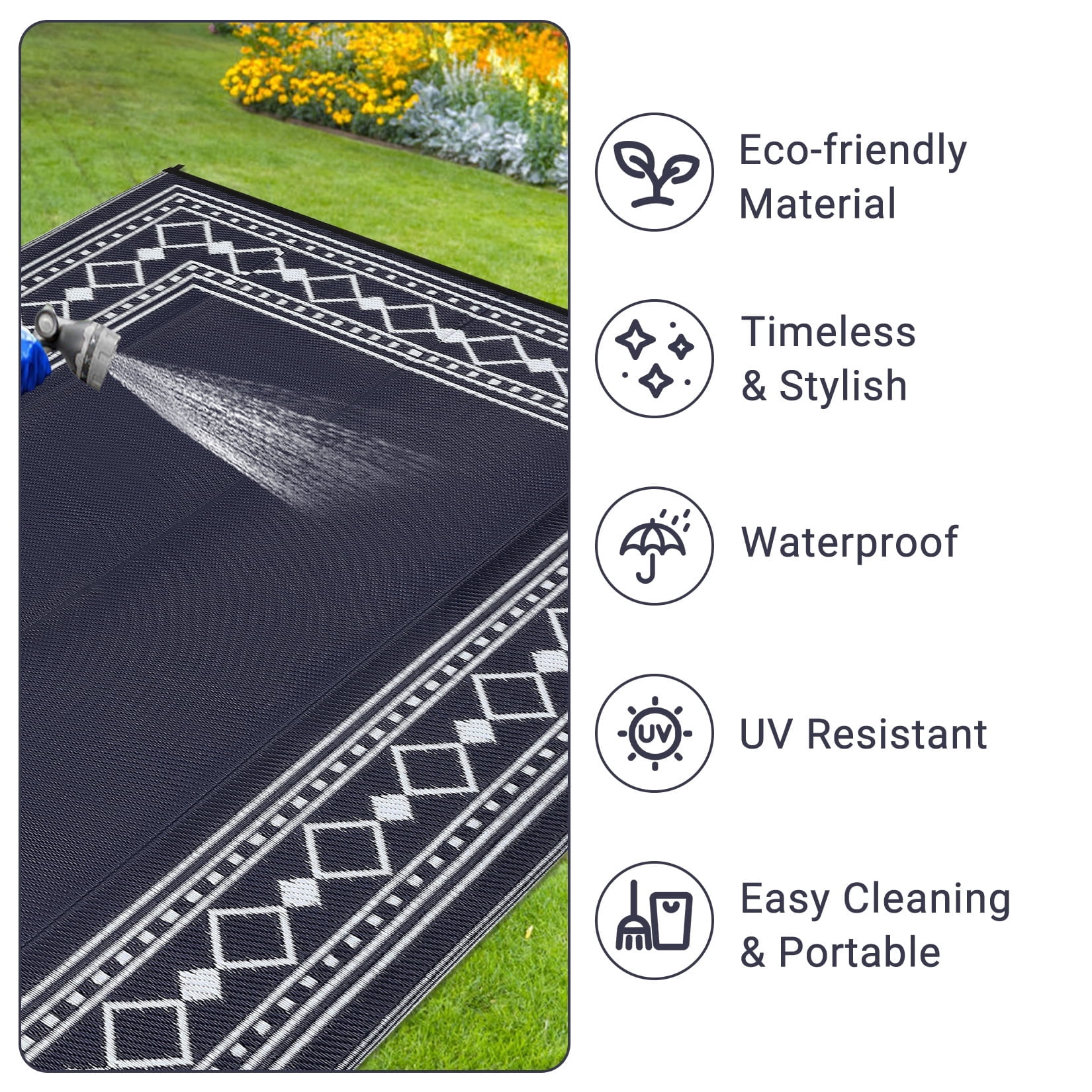 Memoryfield Outdoor Rug 8' x 10' Waterproof Patio Rug, Reversible Plastic Outside Carpet for RV Camping Deck Balcony Porch, Dark Blue