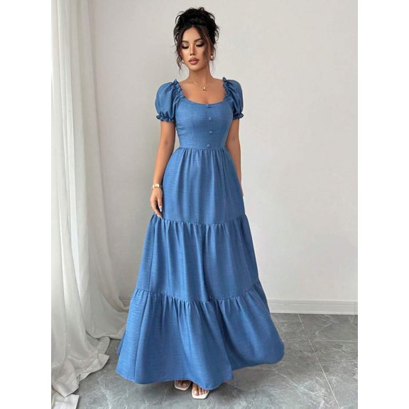 Womens Blue Square Neckline Tiered Maxi Dress With Puff Sleeves Casual