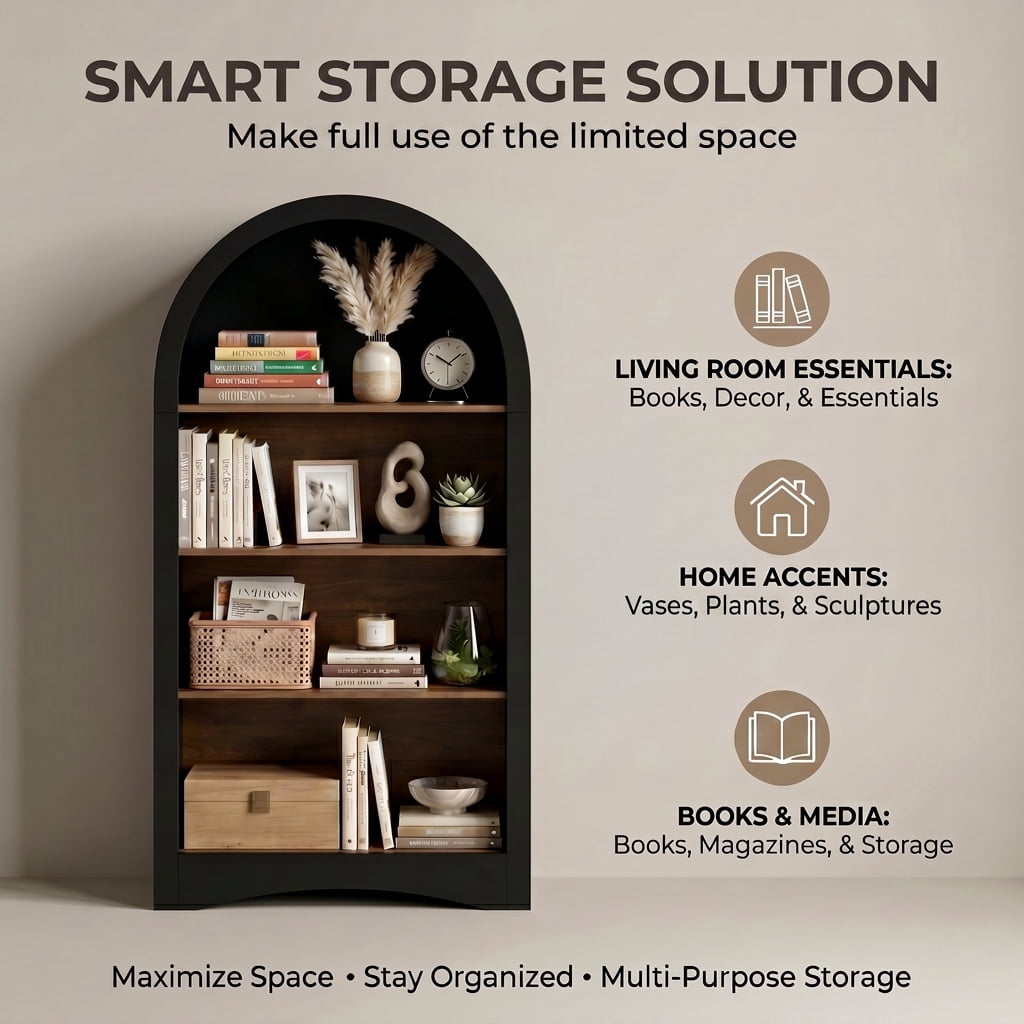 47 Inch Black Framed Arched 4-Tier Open Display Shelf, Woodgrain Freestanding Storage Bookcase, Small Space Accent Rack for Living Room Bedroom Entryway Home Office