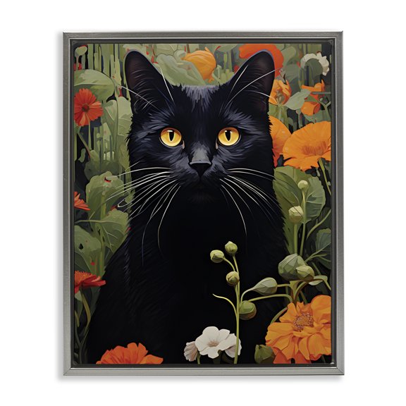 Stupell Industries Modern Black Cat Garden Flowers Gray Floating Frame Canvas Art, 17 x 21, by Gary Shergill Designs