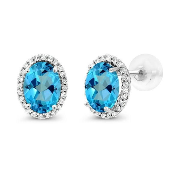 Gem Stone King 10K White Gold American Blue Mystic Topaz and White Diamond Halo Stud Earrings for Women | 2.34 Cttw | Gemstone November Birthstone | Oval 7X5MM