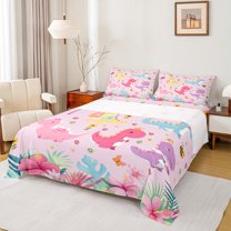 Manfei Teens Kawaii Dinosaur Full Size Sheets, Cute Cartoon Animal Bed Sheets, Palm Flower Botanical Sheet Sets, Breathable Home Decor, 4 Pieces