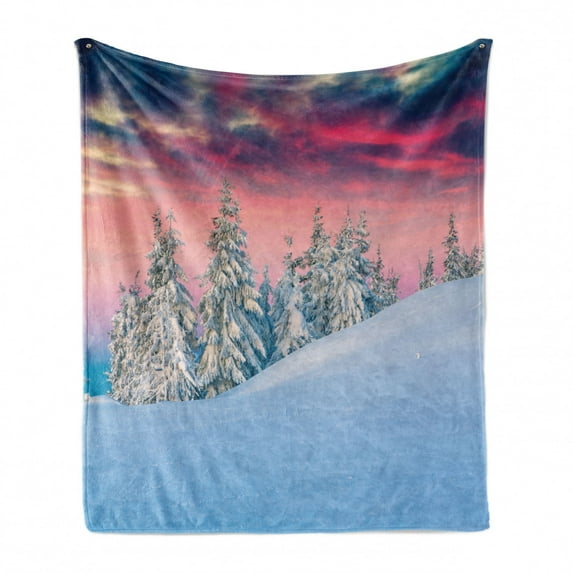 Winter Soft Flannel Fleece Blanket, Idyllic Scenery in Snow Covered Serene Mountains Pine Tree Forest Majestic Sky, Cozy Plush for Indoor and Outdoor Use, 60" x 80", Pink Blue Cream, by Ambesonne