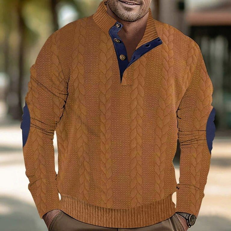 Mens Sweater Tops Textured Knit Patchwork Pullover Sweatshirt 1/4