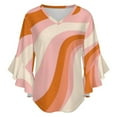thumbnail image 5 of Abstract Wavy Pastel Orange Pink Women's V-Neck Blouse With 3/4 Ruffled Bell Sleeves Casual Top Ladies Blouses, 5 of 7