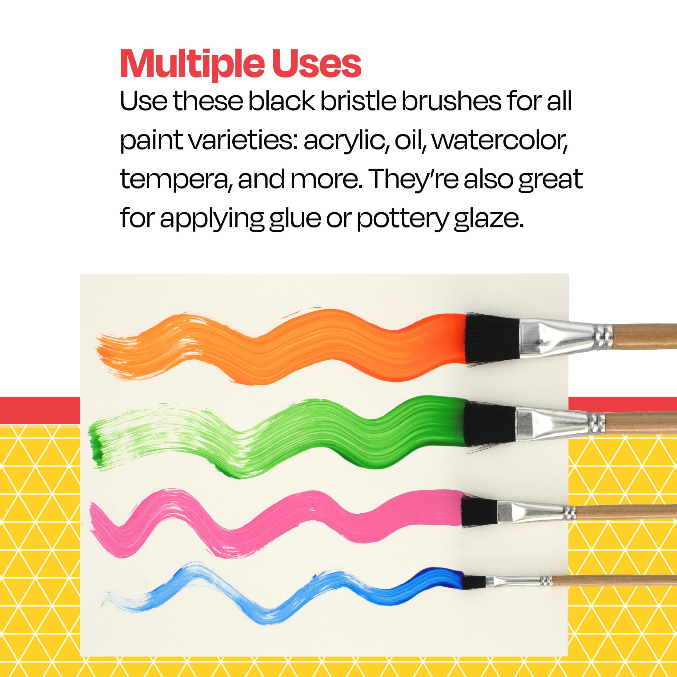 School Smart Interlocked Black Bristle Long Enameled Hardwood Handle Paint Brush Set 72- Clear