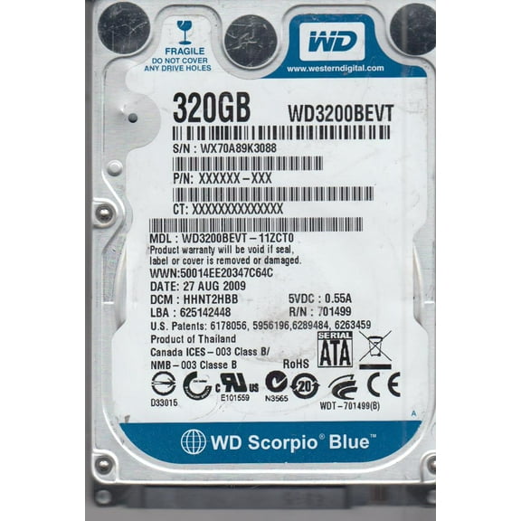 WD3200BEVT-11ZCT0, DCM HHNT2HBB, Western Digital 320GB SATA 2.5 Hard Drive