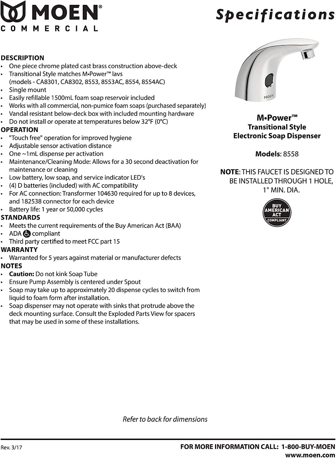 Moen 8558 M-Power Series Soap Dispenser, 1-Hole, Cast Brass, Chrome Plated, Deck Mounting