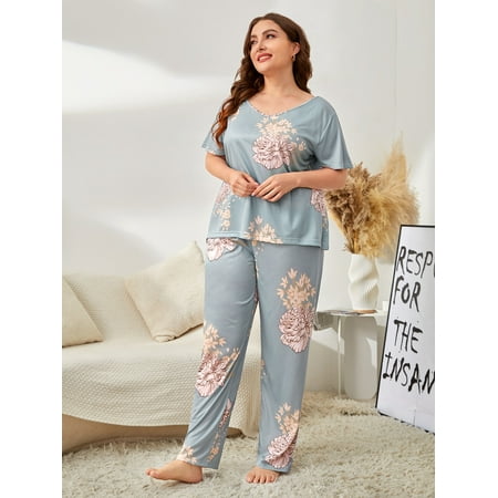 

Dusty Blue Casual Women s Plus Floral Print PJ Set 3XL(18) Y22001D