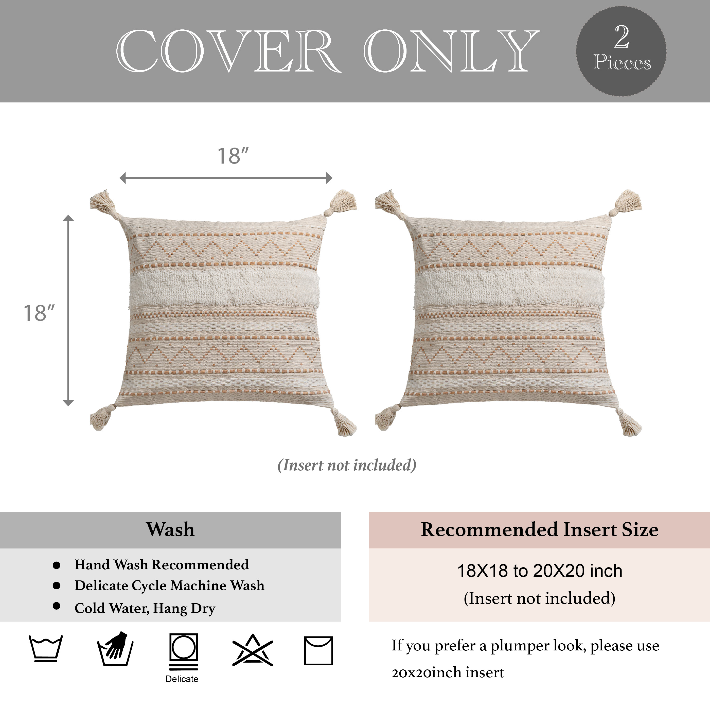 BlissBlush Decorative Throw Pillow Cover 18X18 Combo Set of 2 Square Cream Neutral White Boho Accent Pillowcase Tassels Farmhouse Cushion for Couch Sofa Bedroom Living Room Home Décor Cover ONLY