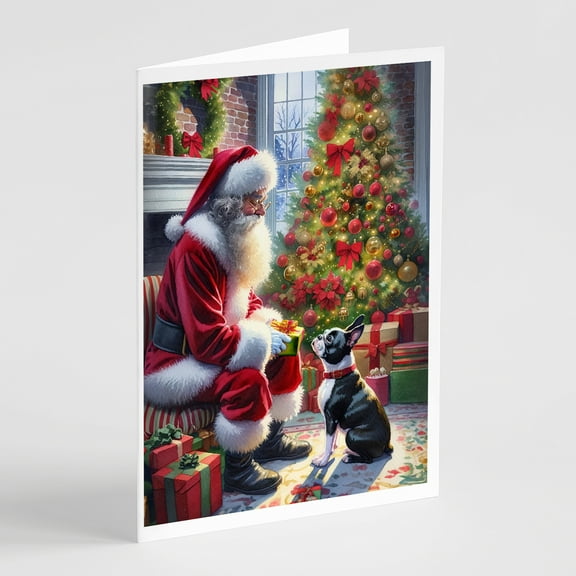 Boston Terrier and Santa Claus Greeting Cards Pack of 8 7 in x 5 in