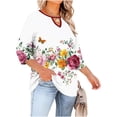 thumbnail image 4 of Retro Floral Graphic T-Shirt for Women Split V-Neck Keyhole 3/4 Sleeve Relaxed Fit Flare Top Bohemian Style Casual Outdoor Spring Fashion Clothes, 4 of 7