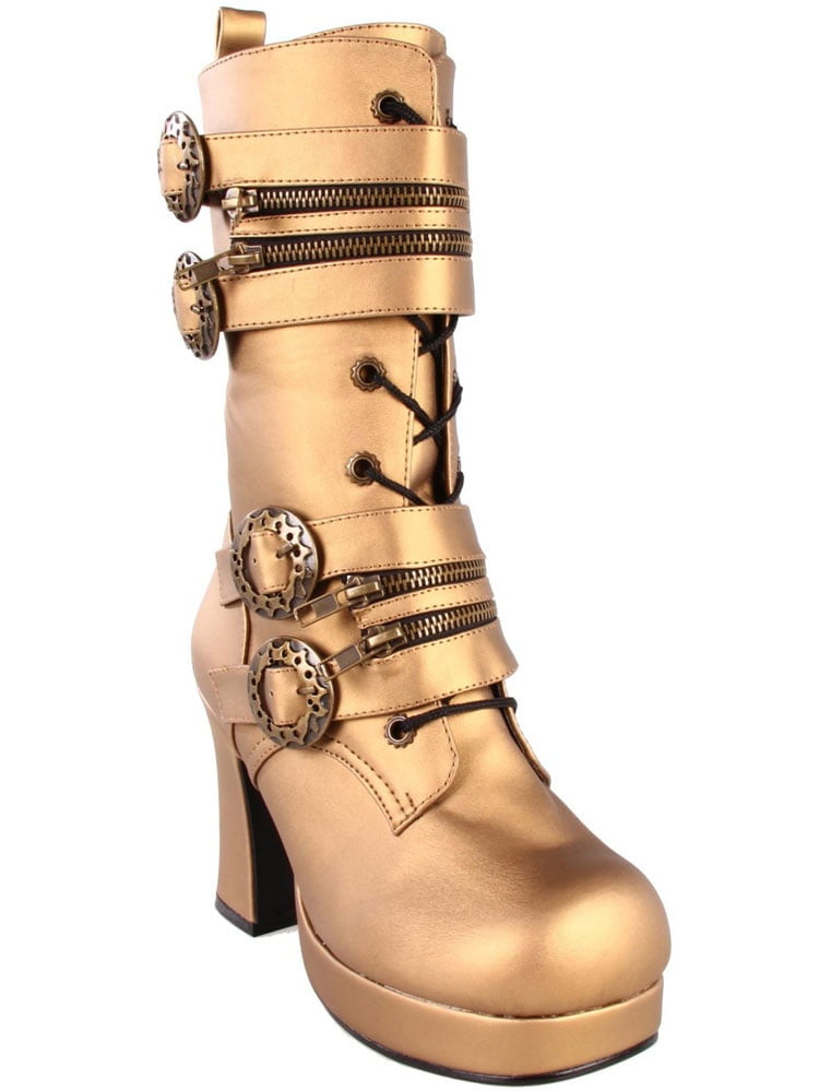 DEMONIA GOT100//B//PU Women/'s Goth Steam Punk 3 3//4/" Heel Black Boots Gear Buckles