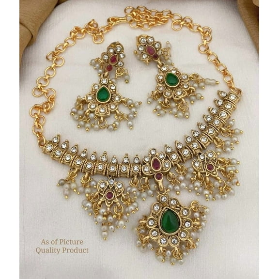 Gold-Plated Green & Red Stone Kundan Pearl Necklace Set – Traditional Bridal Jewelry for Women