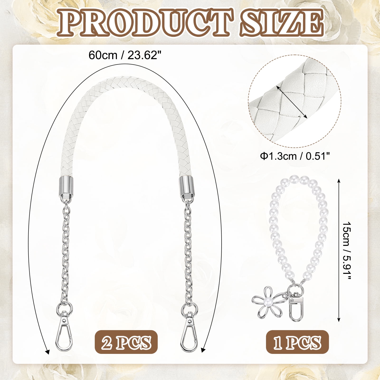 Uxcell 2 Pcs PU Leather Chain Purse Strap, 23.6 Inch Braided Purse Handles Replacement Strap with Pearl Pendant for Tote Bag Handbag Underarm Bag (White, Silver Chain)
