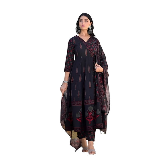 KLOSIA Women's Viscose Printed Anarkali Kurta And Pant Set With Dupatta | Traditional | Ethnic Set | Suit - Indian Ethnic Traditional Wear Kurta Set