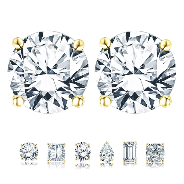 JeenMata Aros Solitarios de Moissanita de 2 Quilates con Forma Redonda y 4 Puntas en Baño de Oro Amarillo de 18 K sobre Plata