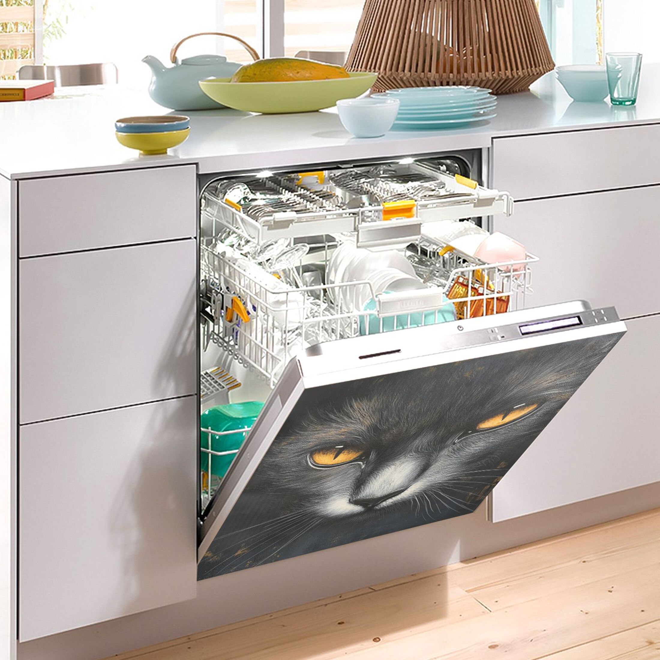 Dishwasher Magnetic Sticker 23x26 Inch Refrigerator Magnetic Sticker Washing Machine Magnetic Sticker Kitchen Panel Magnetic Sticker Home Decor Black Yellow Eyes Cat