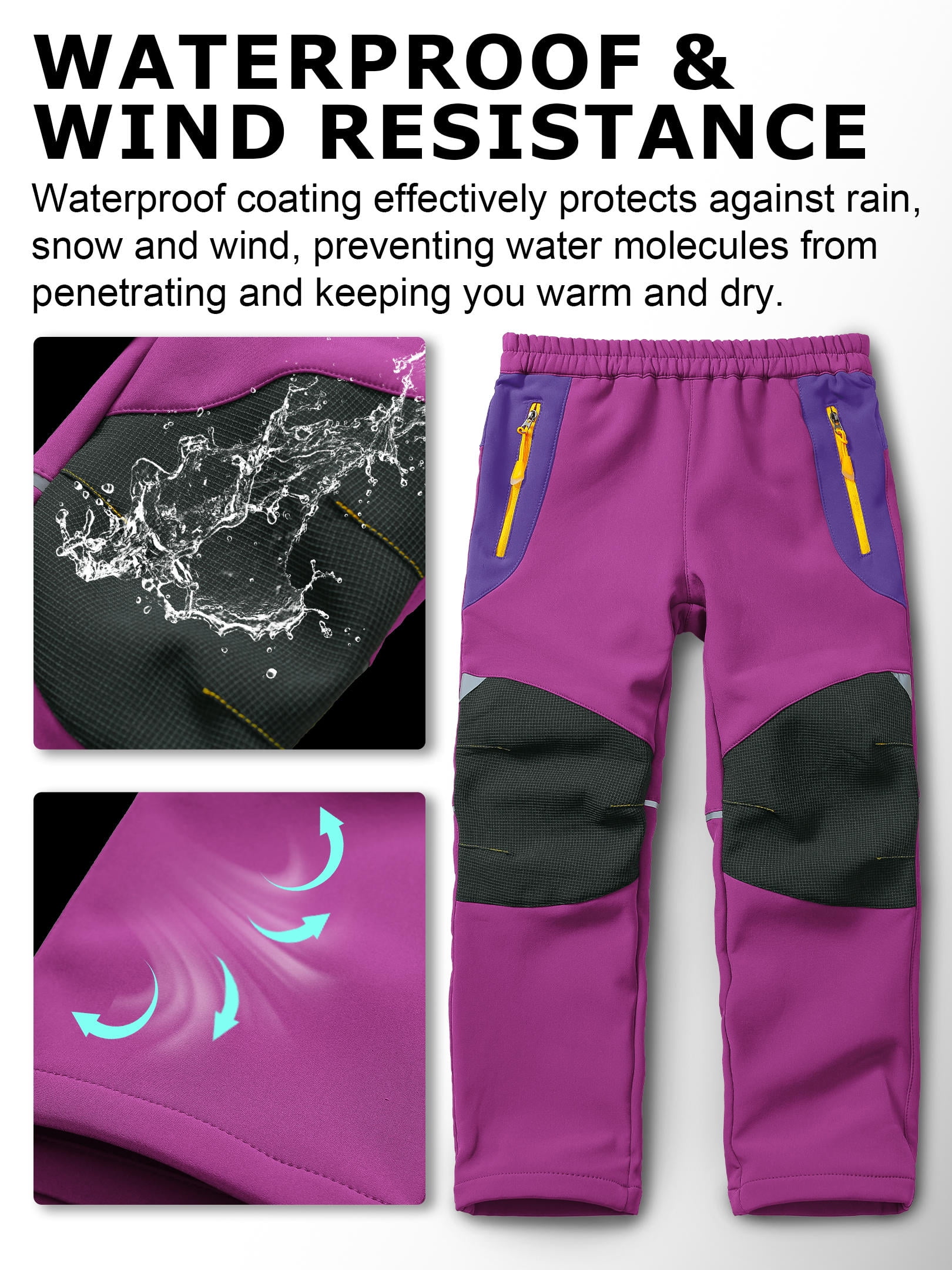 POENTAB Girls Boys Snow Ski Pants Outdoor Waterproof Windproof Fleece Warm Snowboard Pant For Winter Outdoor Wear Rose Red Size 11-13