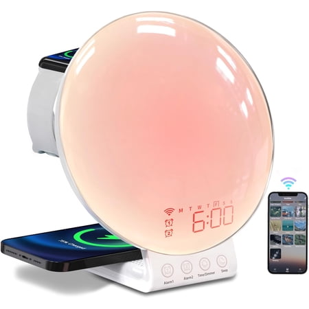 Sunrise Alarm Clock,3 in 1 Wireless Charging Station,White Noise Sound Machine with Smart App Control,Wake up Light,Colored Sunrise,Sunset Simulation,Night Light Alarm Clocks for Heavy,Sleepers,Kids