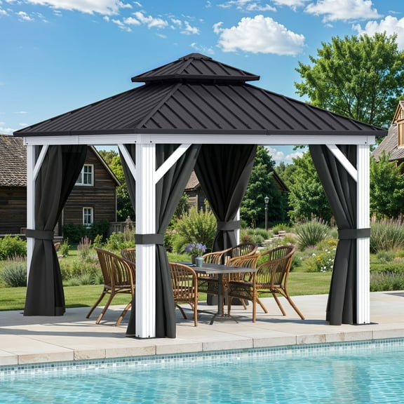Dextrus 10x10 FT Outdoor Hardtop Gazebo,Outdoor Double Roof Canopy, Aluminum Frame Patio Gazebo with Netting & Gray Curtains, Sunshade for Garden, Patio, Lawns, White&Gray