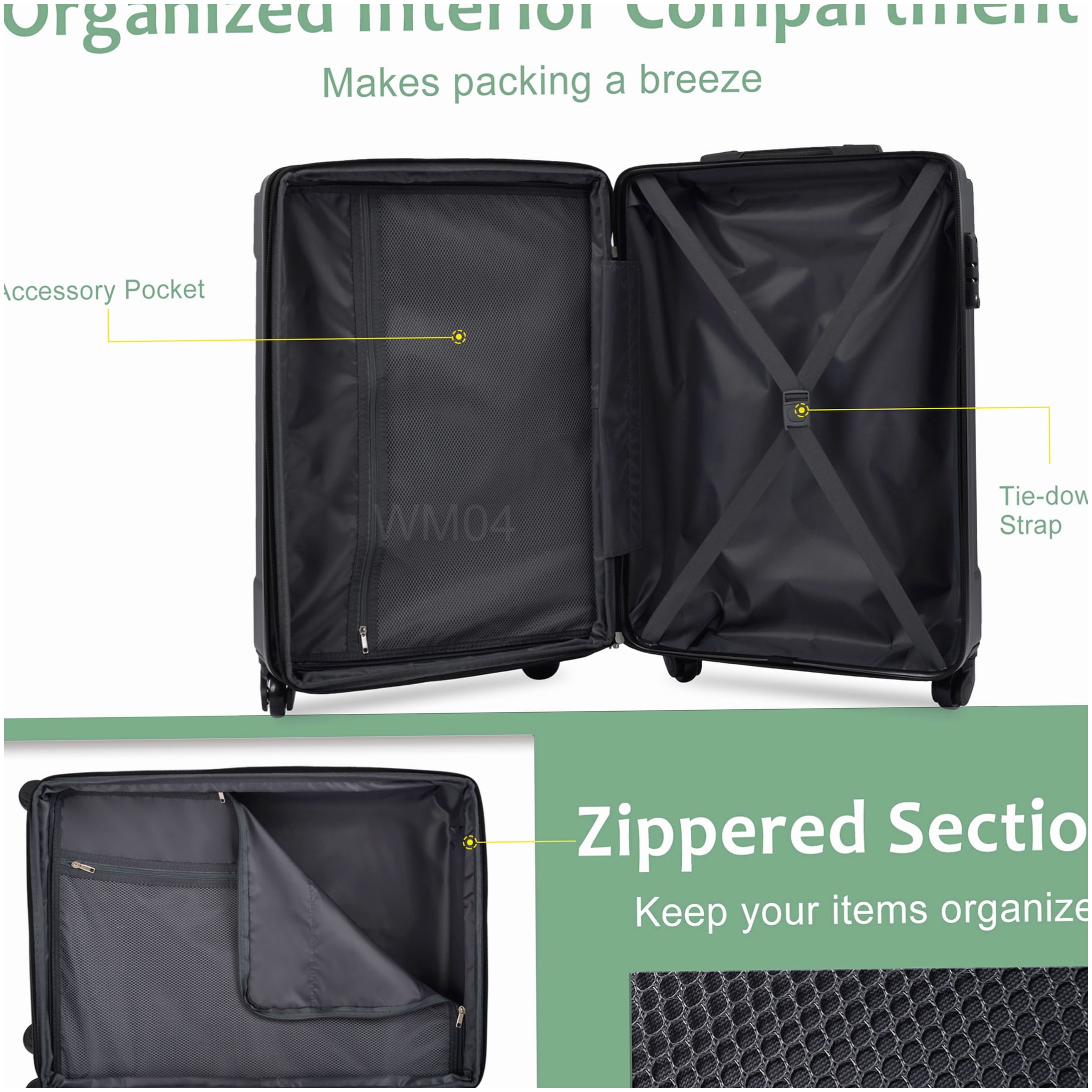 20 Inch Carry On Suitcase with Spinner Wheels & TSA Lock, Lightweight ABS Hardshell Luggage with Packing Cubes, Creamy Green