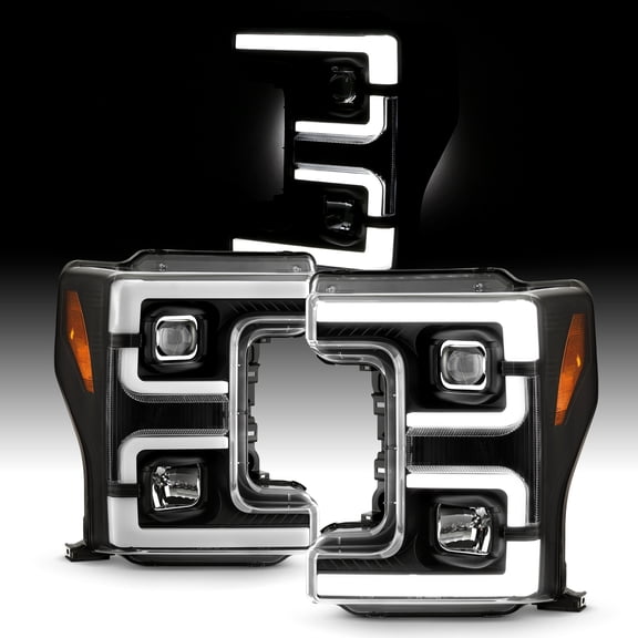 AKKON - Fits 2017 2018 2019 Ford F250/F350 Super Duty LED C-Tube [Halogen Type] Projector Black Headlights Pair Driver Passenger