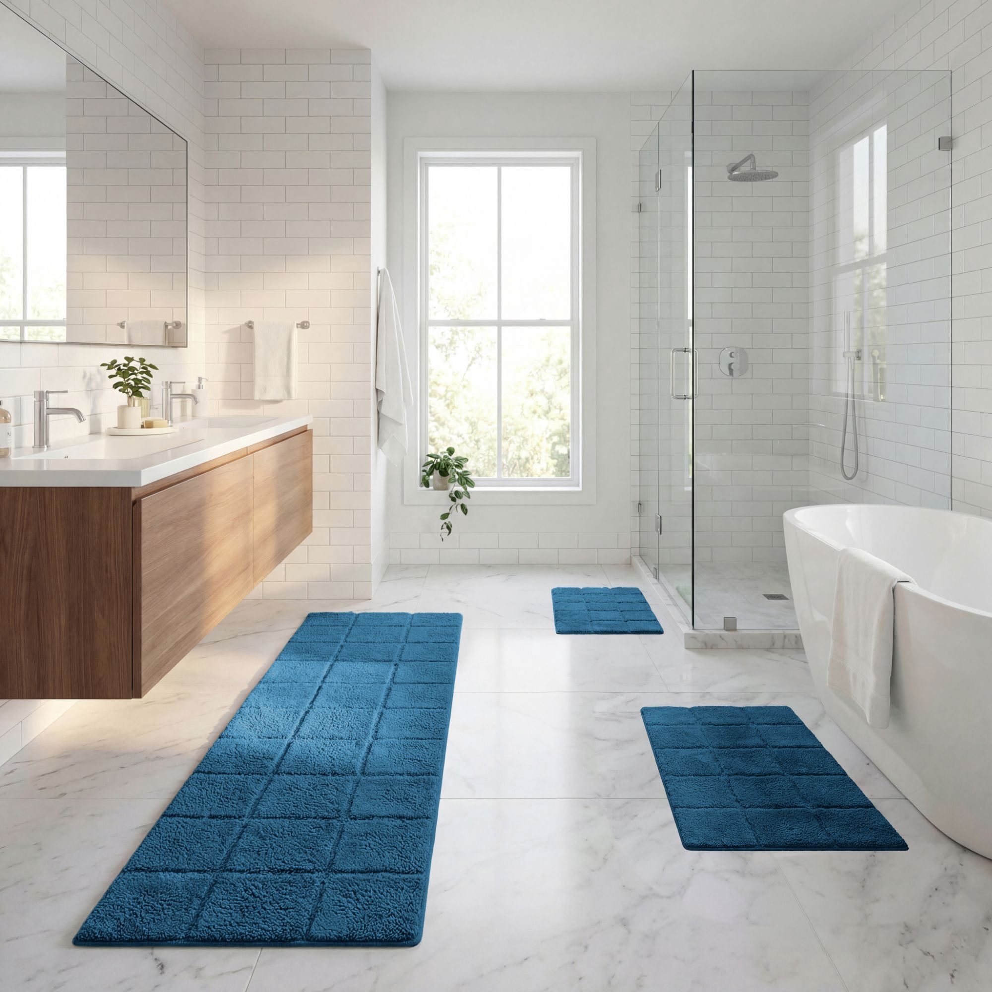 Superior Checkered Non-Slip Cotton 3-Piece Bath Rug Set with Runner, Sapphire