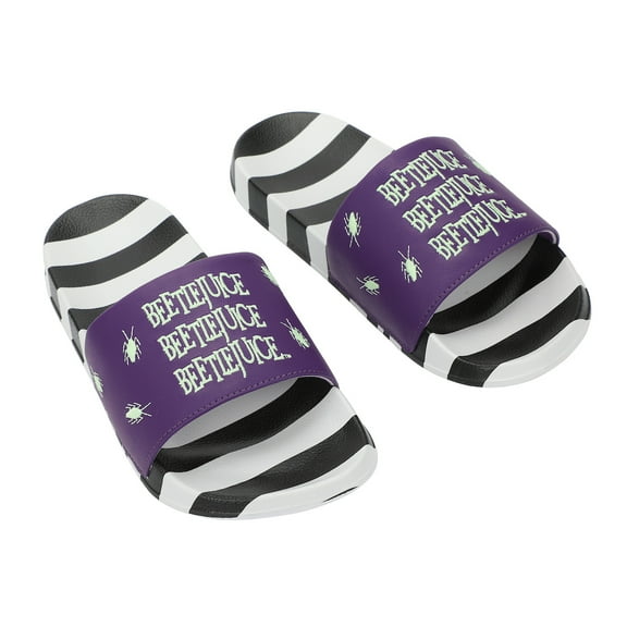 Beetlejuice Repeat Movie Title Men's Black & White Striped Slide Sandals
-Large