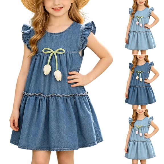 Bixock Girls Denim Dress Summer Casual Dress Sleeve Print Soft Stretch Jeans Dress Toddler Daily Wear for Ages 6 Months-4 Years
