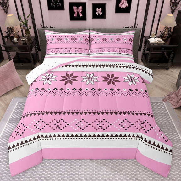 Feelyou Pink Hippie Aztec Queen Comforter Set for Women, Tribal Triangle Abstract Bedding Sets, Vintage Bohemian Style Reversible Bedding Comforter Set, Ultra Soft Bedroom Decor, 3 Pieces