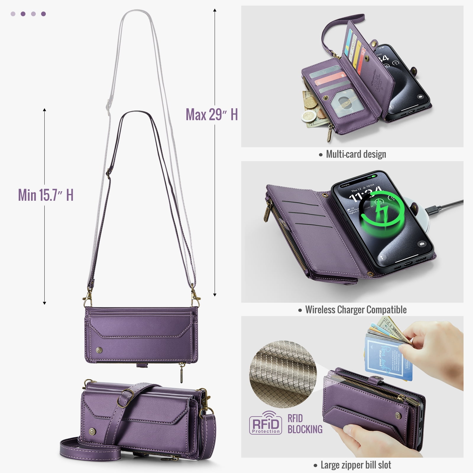 Dteck for Google Pixel 7A Case with RFID Blocking Wallet Case for Women Men, Shockproof PU Leather Magnetic Flip Strap Zipper Card Holder Phone Case,Purple