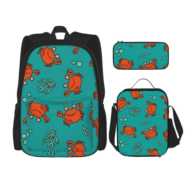 Easygdp Colorful Crab Mochila para Niños y Niñas con Set de Caja de Almuerzo y Estuche para Lápices 3 en 1, Mochila Escolar Estampada para Adolescentes