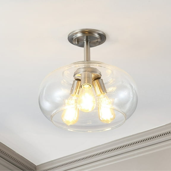 JONATHAN Y Lina 13.75" 3-Light Modern Industrial Iron/Seeded Glass LED Semi Flush Mount, Nickel/Clear, JYL7565A