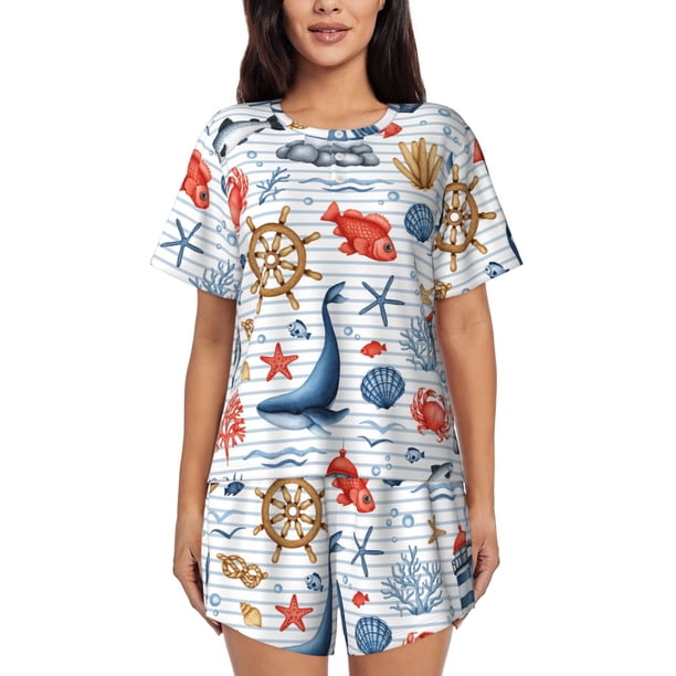 Balery Watercolor Nautical Conjunto de Pijama para Mujer con Estampado, Dos Piezas de Manga Corta y Shorts, Ropa de Dormir Suave con Cuello Redondo y Bolsillos-4X-Large