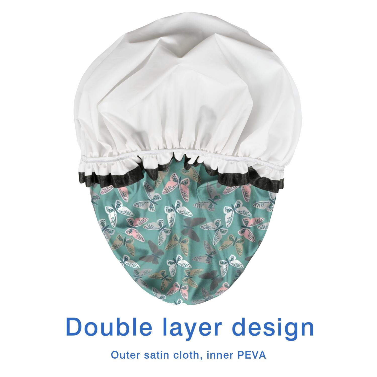 Shower Caps,Green Butterfly Pattern Waterproof Shower Cap for Women 4 Pieces,Double Reusable Hair Cover for Shower PEVA Elastic Stretch Hem