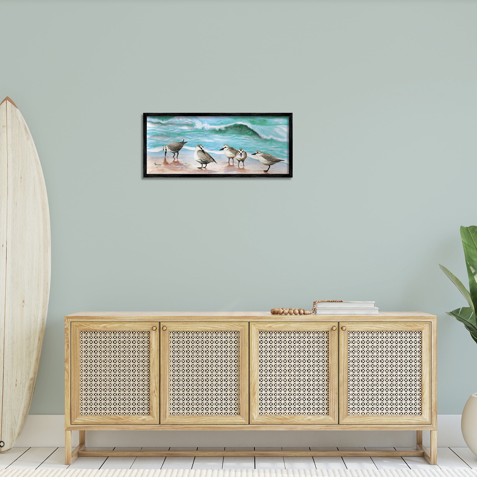 Stupell Industries Sandpipers Along Beach Shore Animals & Insects Painting Black Framed Art Print Wall Art, 30 x 13