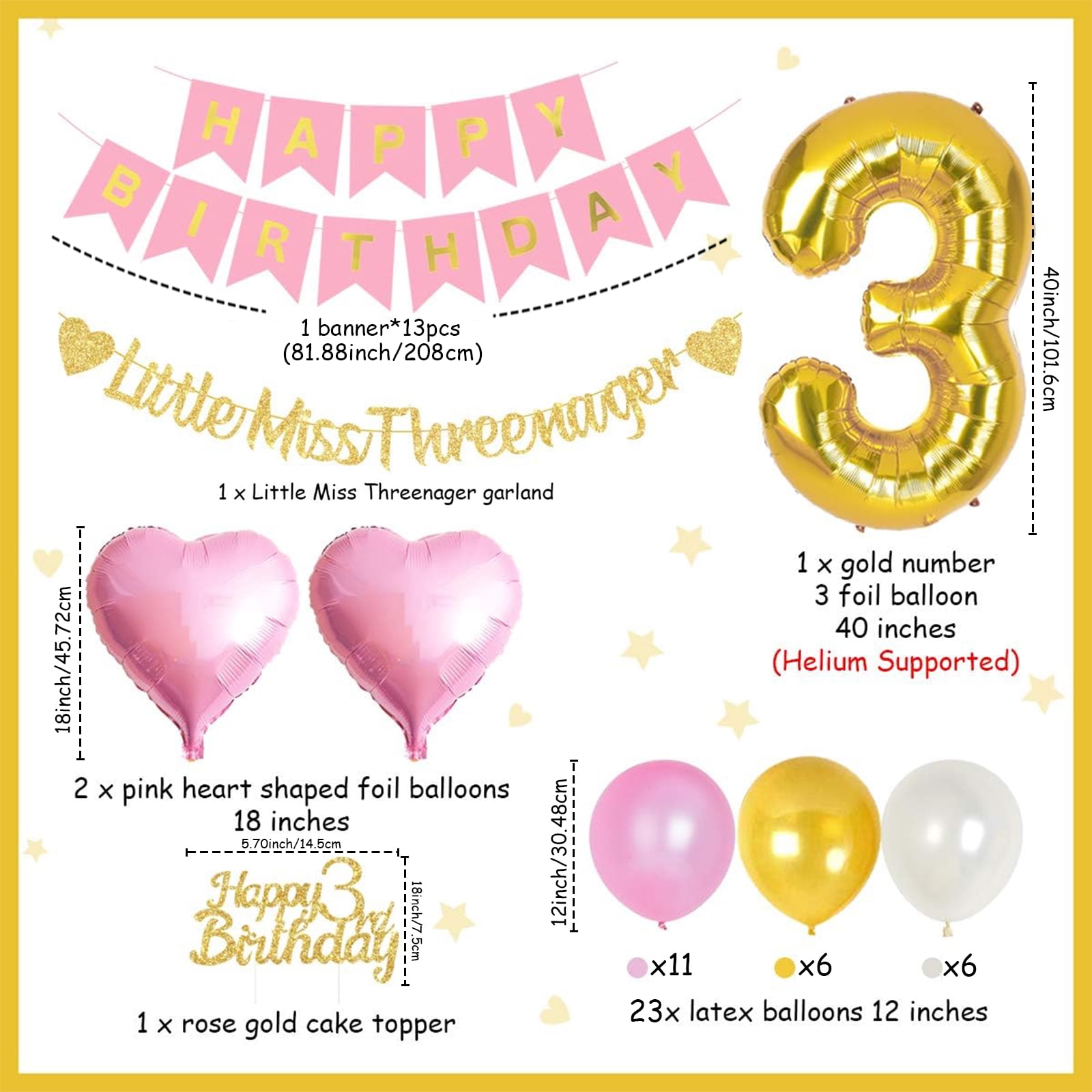 3rd Birthday Party Decorations for Girls Pink and Gold - Happy Birthday Banner Cake Topper, Gold Little Miss Threenager Garland, Large Number 3 Foil Balloon and Pink Heart Balloons