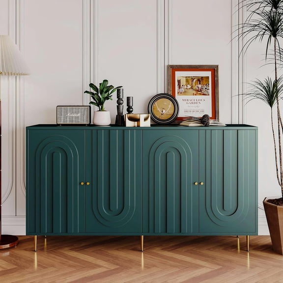 LJAN 60" Modern Sideboard Buffet Accent Cabinet, Green Entryway Table with Storage Wood Credenzas for Living Room Home Bar, 4 Doors & Adjustable Shelves