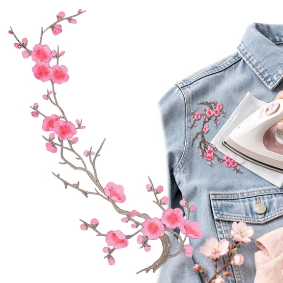 Cherry Blossom Iron Patch, Embroidered Floral Applique for Clothes Bags Jeans Jacket DIY Fabric Decoration