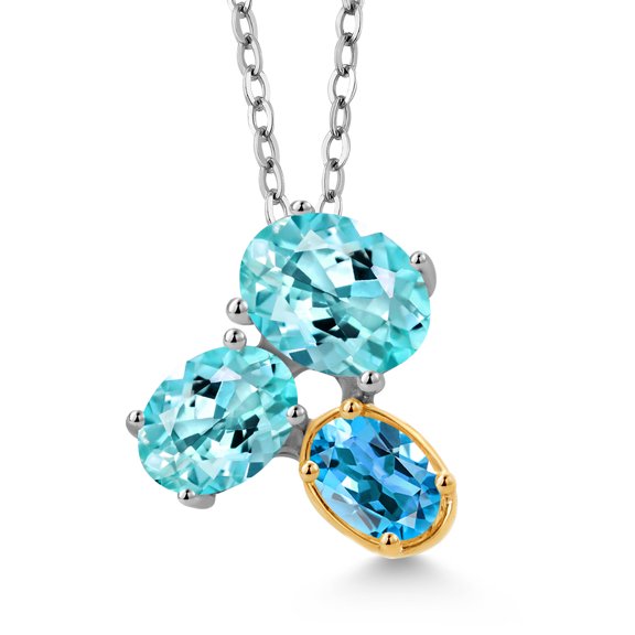 Gem Stone King 925 Silver and 10K Yellow Gold Blue Apatite and Swiss Blue Topaz Pendant Necklace for Women (2.57 Cttw, Oval 8X6MM, 7X5MM and 6X4MM, Gemstone, with 18 inch Chain)