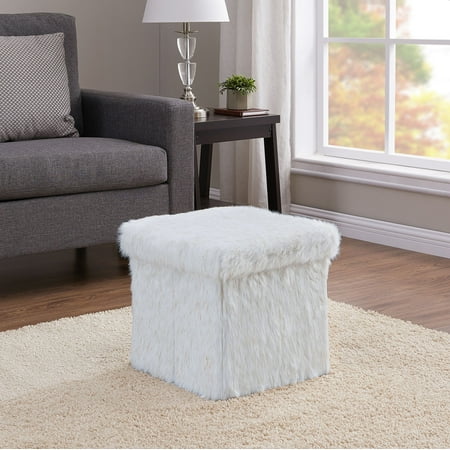 Mainstays Collapsible Storage Ottoman, Ivory and Gold Faux Fur