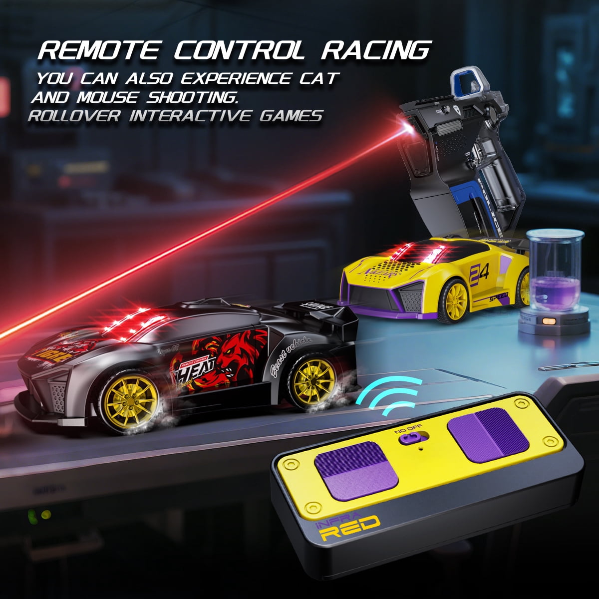 ZSUCC Battle RC Cars Stunt Racing Set, 3 IN 1 4WD Drift Car Toy for Kids Ages 6-12, Dual Controller, & Interactive Combat Game, Parent-Child Sensor Chase Toy for Kids Ages 6+ (Yellow)