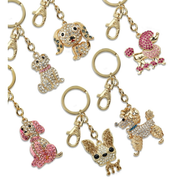 Aqua79 Dogs Sparkling Golden Keychains Set of 6 – Beagle, Bulldog, Poodle, Chihuahua Charm Rhinestones, Gold Metal Key Ring – Keychain Accessories with Clasp for Bag, Purse, Handbag, Backpack