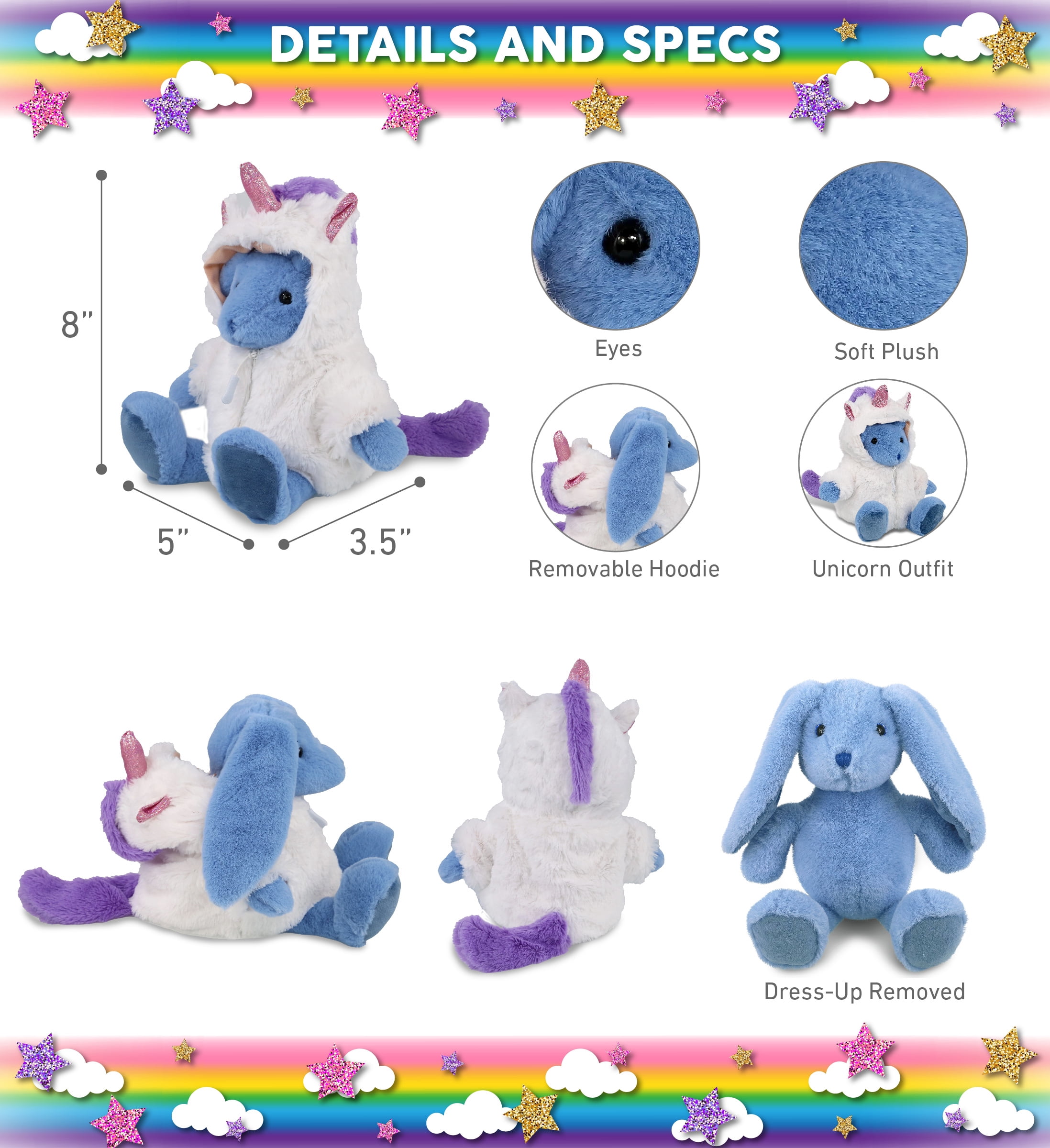 DolliBu Baby Blue Rabbit Unicorn Plush Stuffed Animal Toy - Super Soft Rabbit Unicorn Dress Up with Removable Plush Unicorn Outfit, Cute Rabbit Unicorn Fantasy Plush Gift with Unicorn Dress - 8 Inches