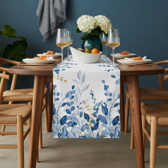 Table Runner Watercolor Blue Eucalyptus Leaf Dresser Scarves 13x72 Inch,Linen Table Runners Rustic Farmhouse Leaves Tablerunner for Home Dining Indoor Outdoor Wedding Party Tabletop Decor