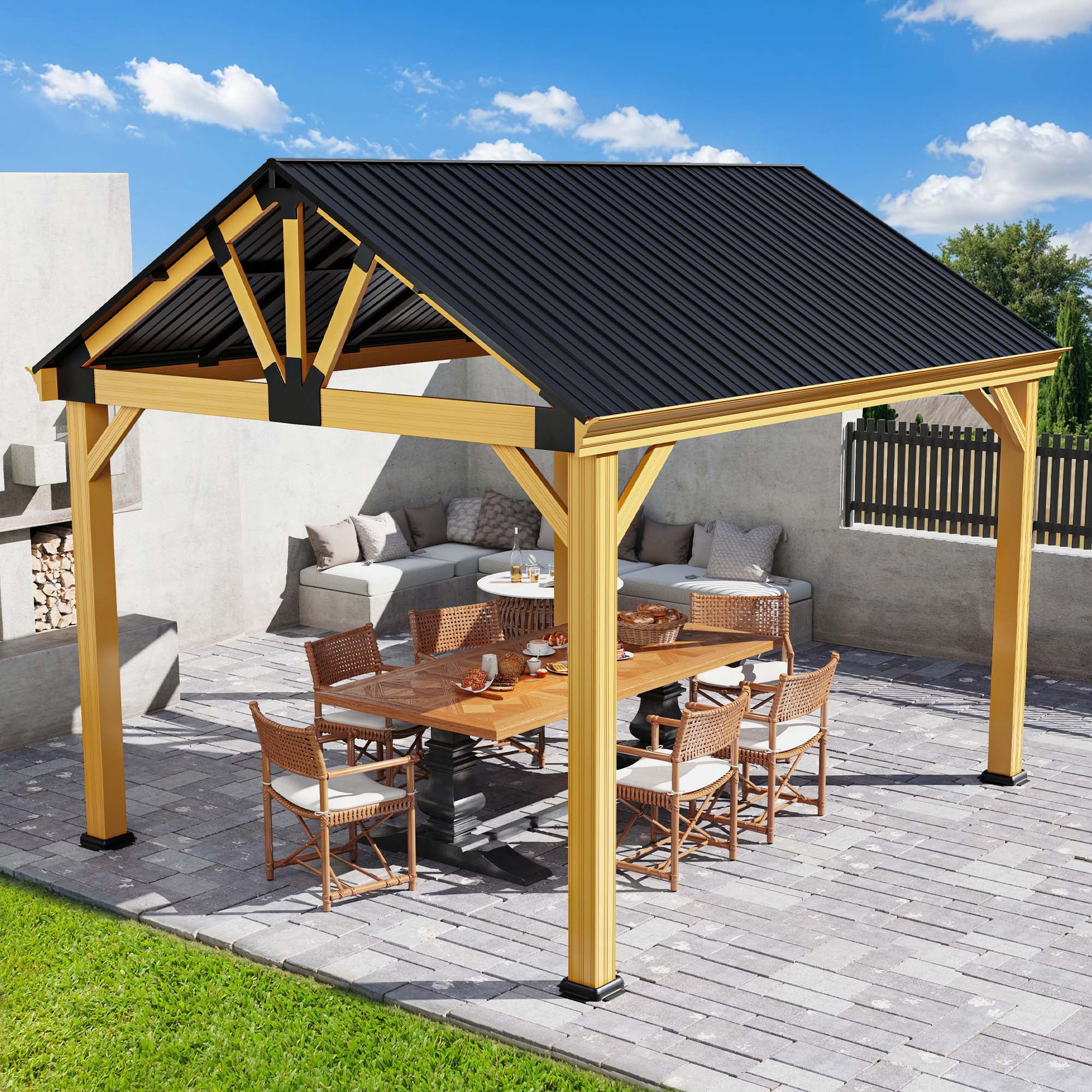 Uforic 11' x13.8' Outdoor Gazebo, Hardtop Gazebo with Galvanized Steel Top Pavilion Gable Roof, for Patio, Garden, Balcony