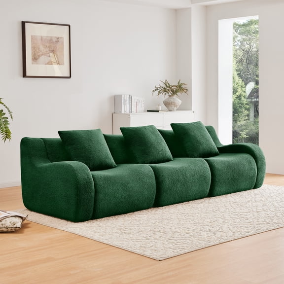 Boneless Sofa 3 Seat High-Quality Teddy Fabric, Anti-Slip No Assembly, Curved Armrests Streamlined Design, 32D High Density Sponge, for Living Room Bedroom Reading Nook, Green