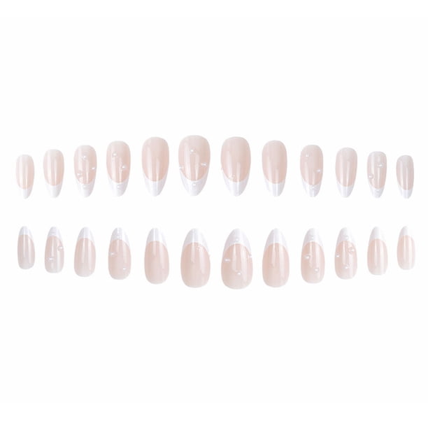 Frenchstyle diamond drop in the long fake nailsPearl fake nails